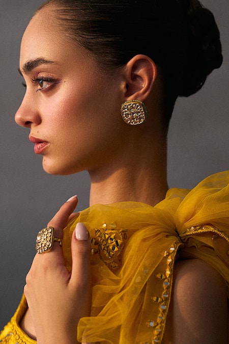 Buy_Angad Singh_Mustard Satin, Silk Sequins, Beads, Embroidery Round Neck Festive Lehenga Set 