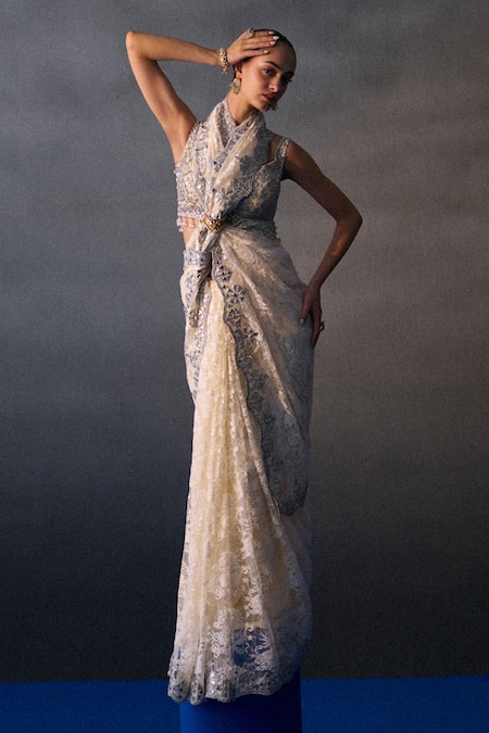 Angad Singh Ivory Chantelle Sequins, Beads Round Neck Sangeet Saree Set Online at Aza Fashions Angad Singh_Ivory Chantelle Sequins, Beads Round Neck Sangeet Saree Set _Online_at_Aza_Fashions