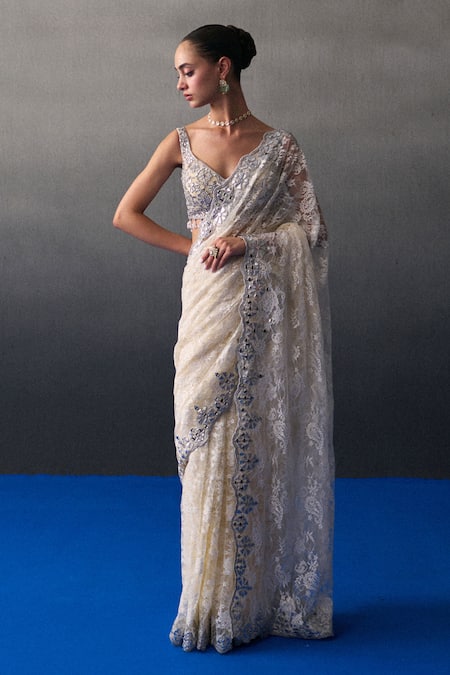 Buy Angad Singh Ivory Chantelle Sequins, Beads Round Neck Sangeet Saree Set Online at Aza Fashions Buy_Angad Singh_Ivory Chantelle Sequins, Beads Round Neck Sangeet Saree Set _Online_at_Aza_Fashions