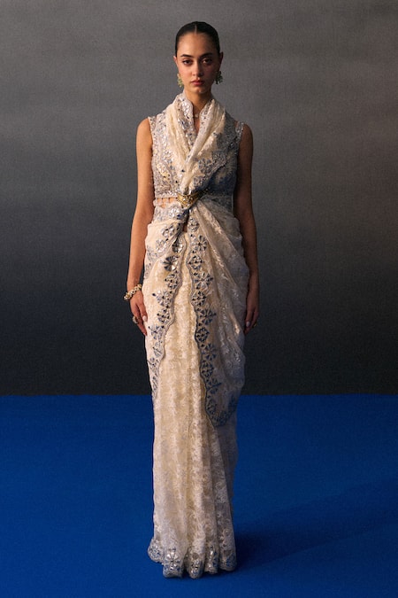 Shop Angad Singh Ivory Chantelle Sequins, Beads Round Neck Sangeet Saree Set Online at Aza Fashions Shop_Angad Singh_Ivory Chantelle Sequins, Beads Round Neck Sangeet Saree Set _Online_at_Aza_Fashions