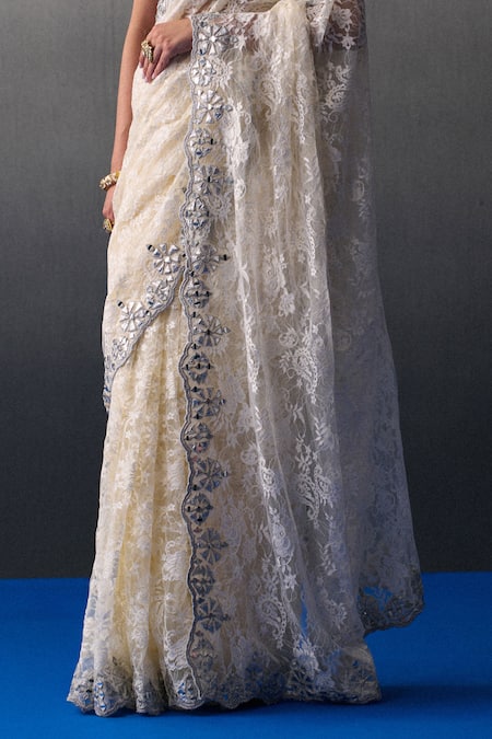 Angad Singh Ivory Chantelle Sequins, Beads Round Neck Sangeet Saree Set at Aza Fashions Angad Singh_Ivory Chantelle Sequins, Beads Round Neck Sangeet Saree Set _at_Aza_Fashions