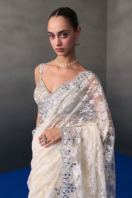 Buy Angad Singh Ivory Chantelle Sequins, Beads Round Neck Sangeet Saree Set Buy_Angad Singh_Ivory Chantelle Sequins, Beads Round Neck Sangeet Saree Set