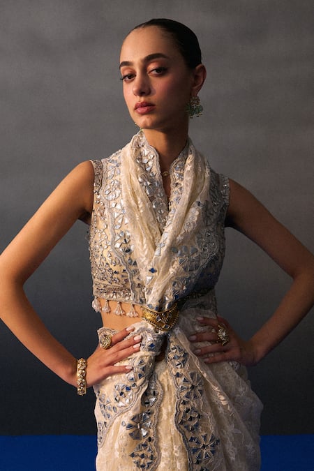 Shop Angad Singh Ivory Chantelle Sequins, Beads Round Neck Sangeet Saree Set Shop_Angad Singh_Ivory Chantelle Sequins, Beads Round Neck Sangeet Saree Set