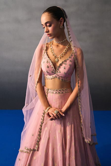 Angad Singh_Pink Brocade Sequins, Embroidery V-neck Banarasi Festive Lehenga Set _Online_at_Aza_Fashions