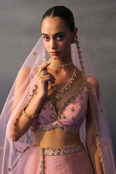 Buy_Angad Singh_Pink Brocade Sequins, Embroidery V-neck Banarasi Festive Lehenga Set _Online_at_Aza_Fashions