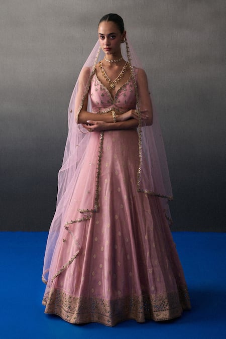 Angad Singh Pink Brocade Sequins, Embroidery V-neck Banarasi Festive Lehenga Set