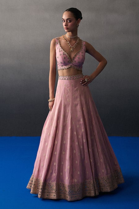 Angad Singh_Pink Brocade Sequins, Embroidery V-neck Banarasi Festive Lehenga Set _at_Aza_Fashions