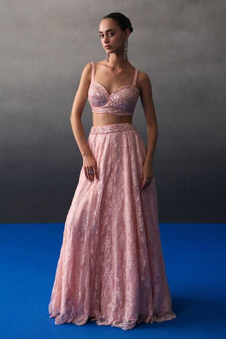 Angad Singh_Peach Chantelle Sequins, Beads Sweetheart Neck Haldi Lehenga Set _Online_at_Aza_Fashions