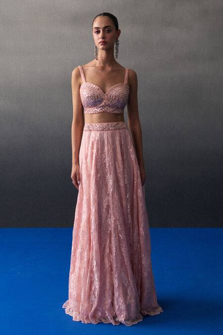 Buy_Angad Singh_Peach Chantelle Sequins, Beads Sweetheart Neck Haldi Lehenga Set _Online_at_Aza_Fashions