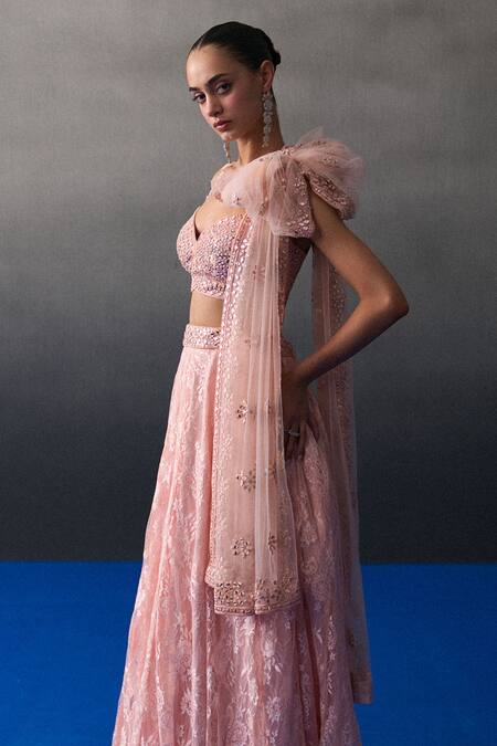 Shop_Angad Singh_Peach Chantelle Sequins, Beads Sweetheart Neck Haldi Lehenga Set _Online_at_Aza_Fashions