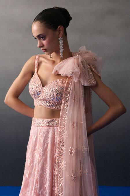 Angad Singh_Peach Chantelle Sequins, Beads Sweetheart Neck Haldi Lehenga Set _at_Aza_Fashions