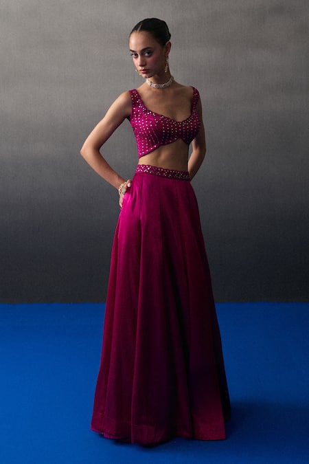 Angad Singh_Pink Satin, Silk Sequins, Beads Scoop Neck Rani Festive Lehenga Set _Online_at_Aza_Fashions