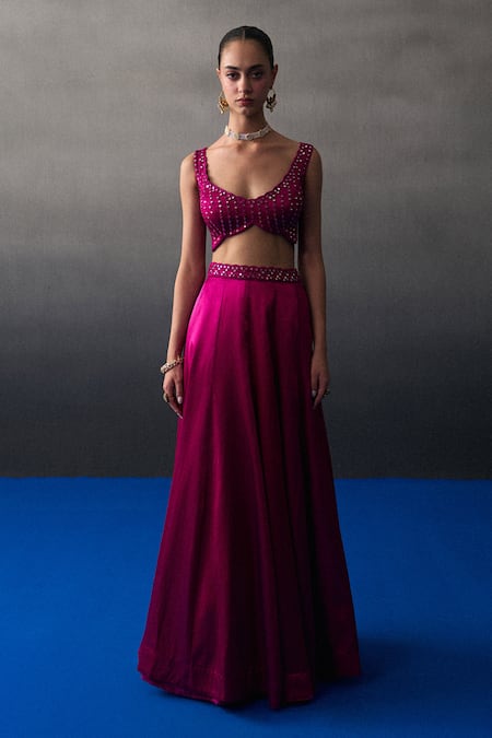 Buy_Angad Singh_Pink Satin, Silk Sequins, Beads Scoop Neck Rani Festive Lehenga Set _Online_at_Aza_Fashions