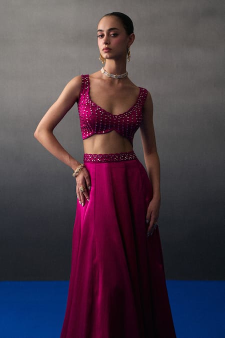 Shop_Angad Singh_Pink Satin, Silk Sequins, Beads Scoop Neck Rani Festive Lehenga Set _Online_at_Aza_Fashions