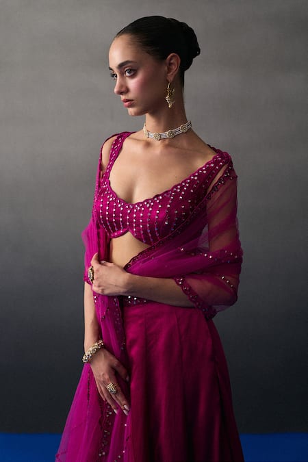 Angad Singh_Pink Satin, Silk Sequins, Beads Scoop Neck Rani Festive Lehenga Set _at_Aza_Fashions