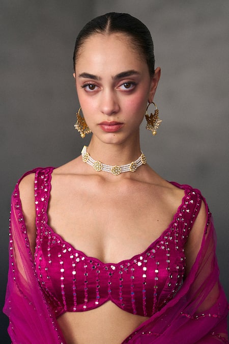 Shop_Angad Singh_Pink Satin, Silk Sequins, Beads Scoop Neck Rani Festive Lehenga Set 