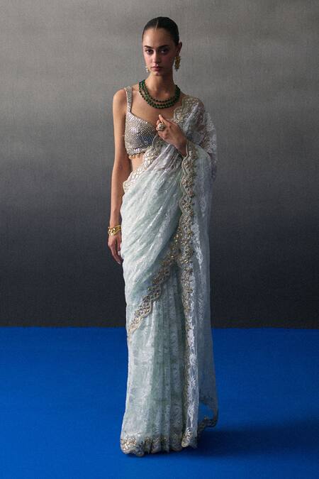 Angad Singh_Mint Chantelle Sequins, Embroidery, Beads Sweetheart Green Festive Saree Set _Online_at_Aza_Fashions