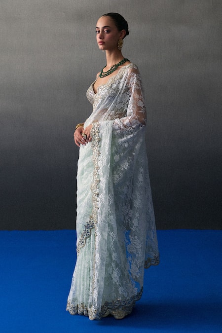 Buy_Angad Singh_Mint Chantelle Sequins, Embroidery, Beads Sweetheart Green Festive Saree Set _Online_at_Aza_Fashions