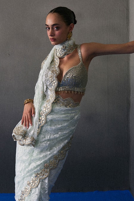 Shop_Angad Singh_Mint Chantelle Sequins, Embroidery, Beads Sweetheart Green Festive Saree Set _Online_at_Aza_Fashions