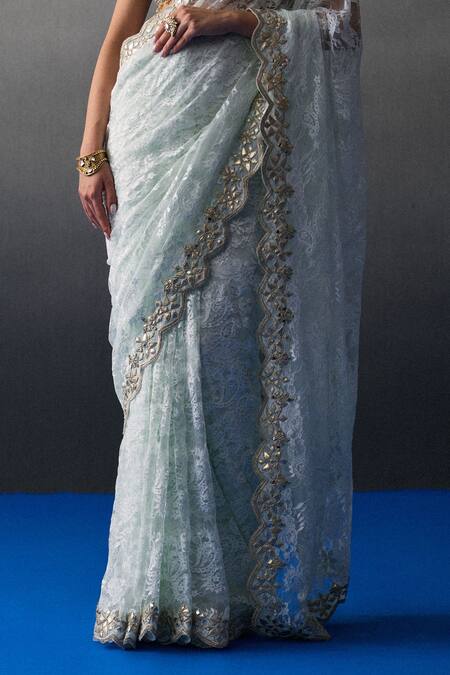 Buy_Angad Singh_Mint Chantelle Sequins, Embroidery, Beads Sweetheart Green Festive Saree Set 