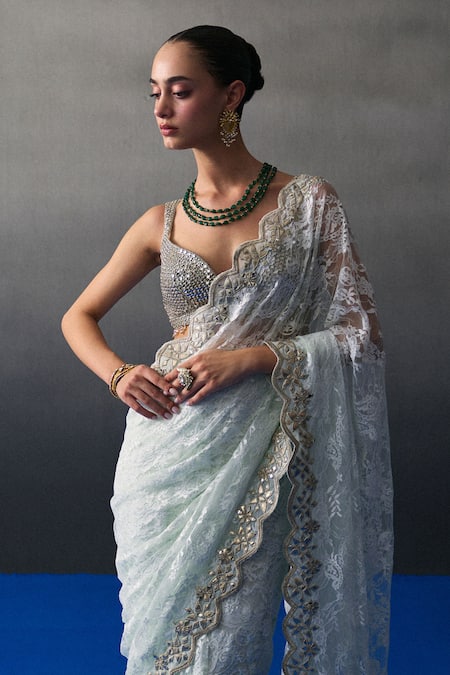 Shop_Angad Singh_Mint Chantelle Sequins, Embroidery, Beads Sweetheart Green Festive Saree Set 