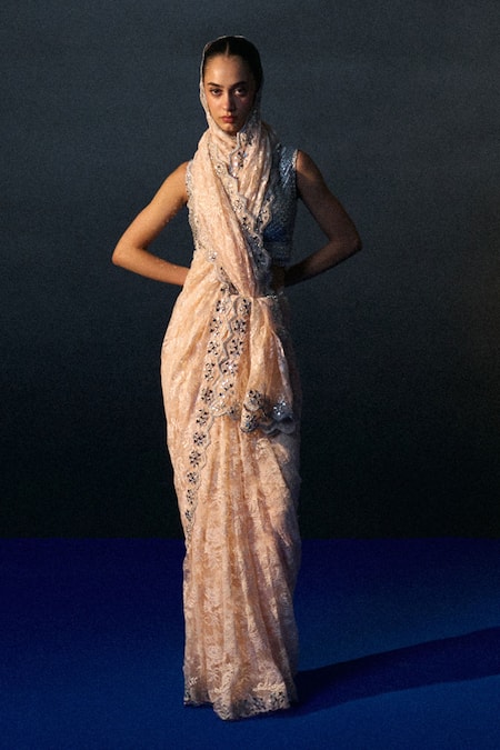 Angad Singh_Peach Chantelle Beads, Sequins V-neck Haldi Saree Set _Online_at_Aza_Fashions