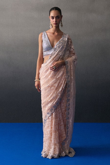 Angad Singh Peach Haldi Saree Set 