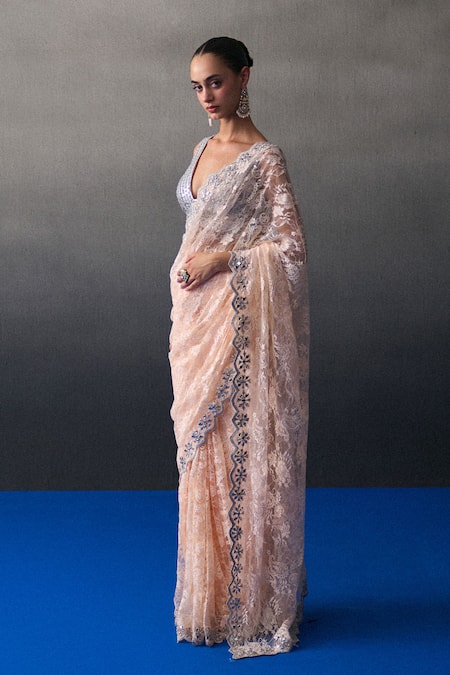 Buy_Angad Singh_Peach Chantelle Beads, Sequins V-neck Haldi Saree Set _Online_at_Aza_Fashions