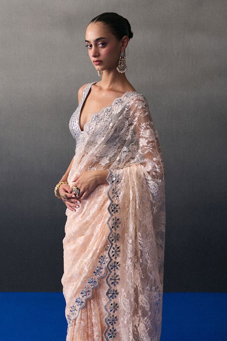 Shop_Angad Singh_Peach Chantelle Beads, Sequins V-neck Haldi Saree Set _Online_at_Aza_Fashions