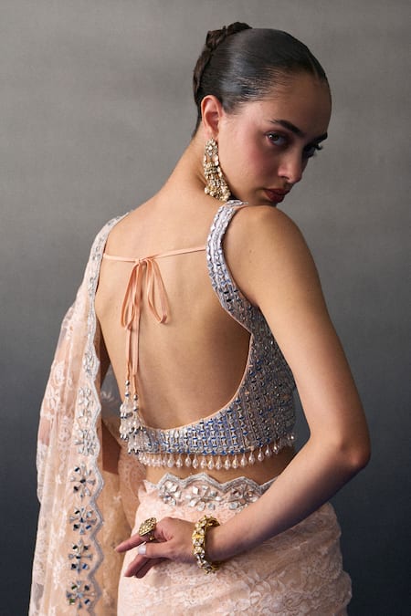 Angad Singh_Peach Chantelle Beads, Sequins V-neck Haldi Saree Set _at_Aza_Fashions