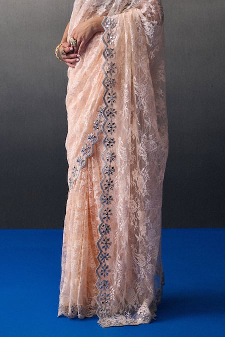 Buy_Angad Singh_Peach Chantelle Beads, Sequins V-neck Haldi Saree Set 