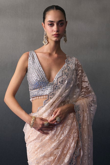 Shop_Angad Singh_Peach Chantelle Beads, Sequins V-neck Haldi Saree Set 