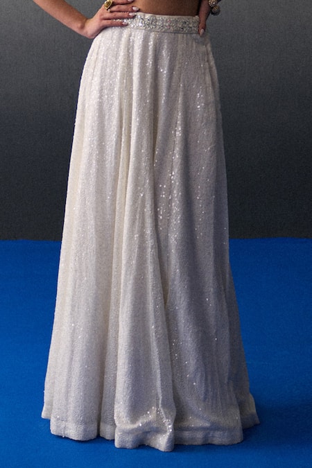 Angad Singh_White Sequins, Beads Leaf Neck Festive Lehenga Set _Online_at_Aza_Fashions