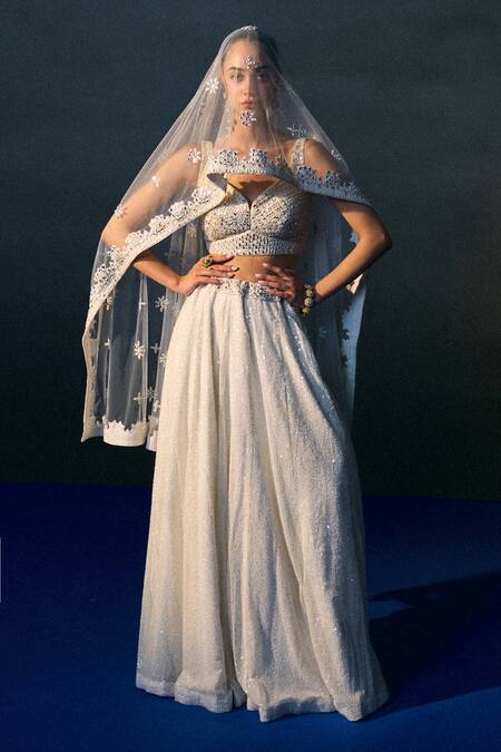 Shop_Angad Singh_White Sequins, Beads Leaf Neck Festive Lehenga Set _Online_at_Aza_Fashions