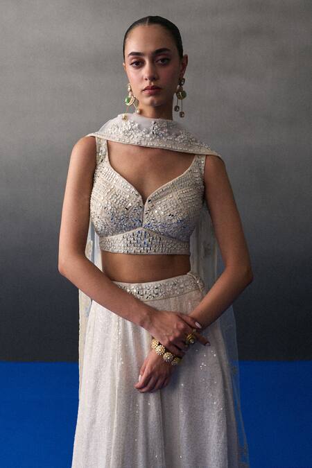 Angad Singh_White Sequins, Beads Leaf Neck Festive Lehenga Set _at_Aza_Fashions