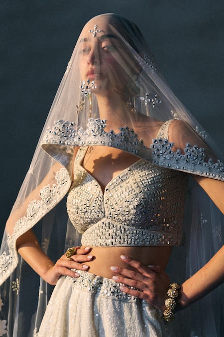 Shop_Angad Singh_White Sequins, Beads Leaf Neck Festive Lehenga Set 