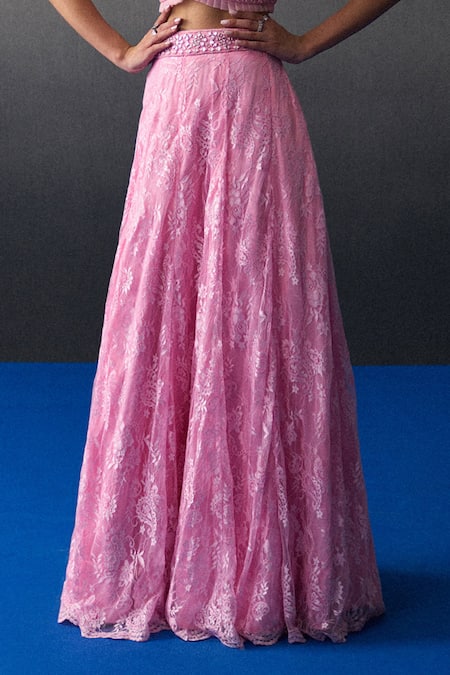 Angad Singh_Pink Chantelle Sequins, Beads Sweetheart Neck Chentilly Lehenga Set _Online_at_Aza_Fashions