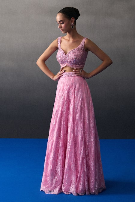 Buy_Angad Singh_Pink Chantelle Sequins, Beads Sweetheart Neck Chentilly Lehenga Set _Online_at_Aza_Fashions