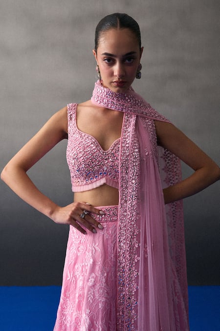 Angad Singh_Pink Chantelle Sequins, Beads Sweetheart Neck Chentilly Lehenga Set _at_Aza_Fashions