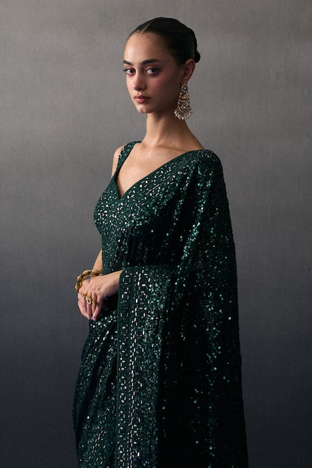 Buy_Angad Singh_Green Sequins Sweetheart Neck Designer Sangeet Saree Set _Online_at_Aza_Fashions