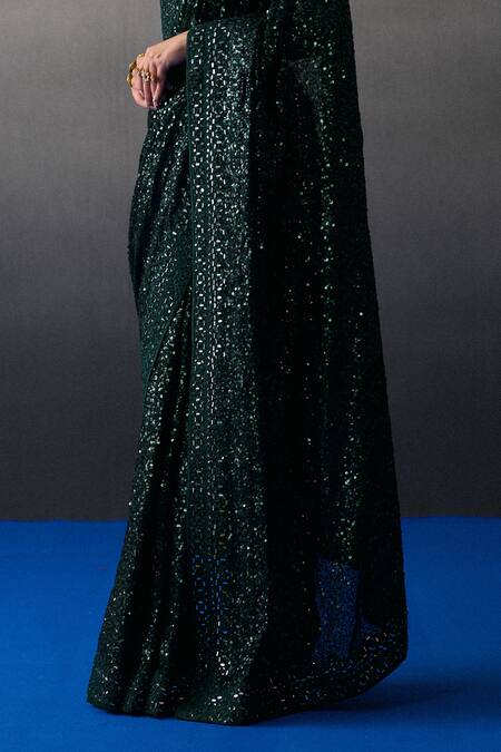 Angad Singh_Green Sequins Sweetheart Neck Designer Sangeet Saree Set _at_Aza_Fashions