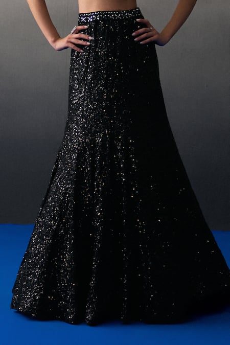 Angad Singh_Black Sequins V-neck Festive Lehenga Set _Online_at_Aza_Fashions