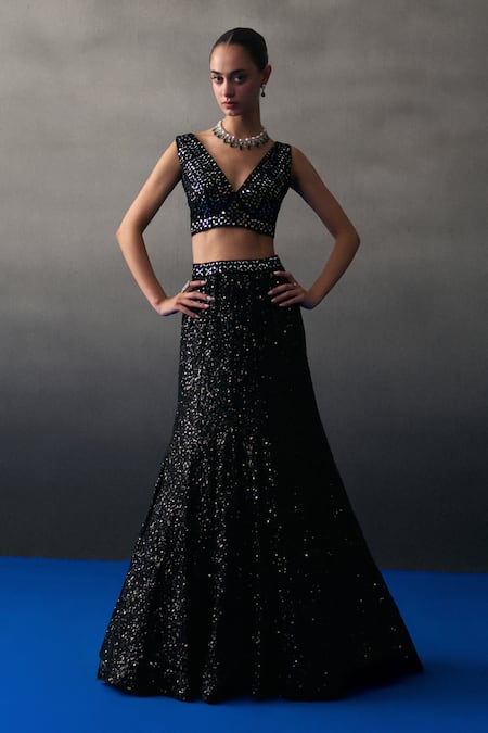 Buy_Angad Singh_Black Sequins V-neck Festive Lehenga Set _Online_at_Aza_Fashions