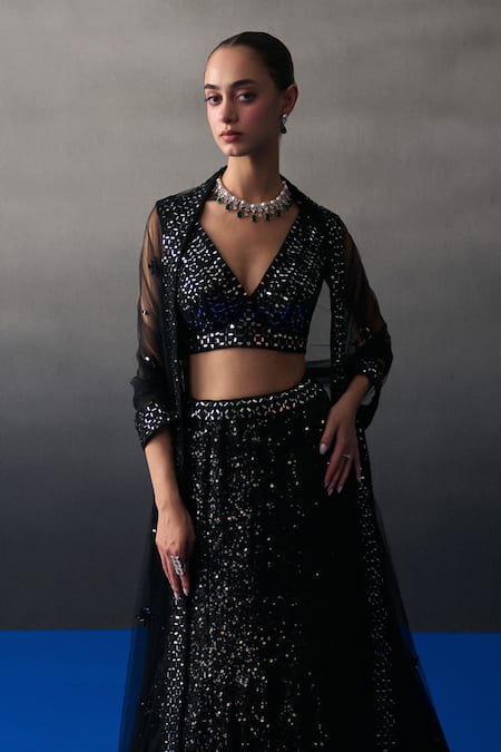 Shop_Angad Singh_Black Sequins V-neck Festive Lehenga Set _Online_at_Aza_Fashions