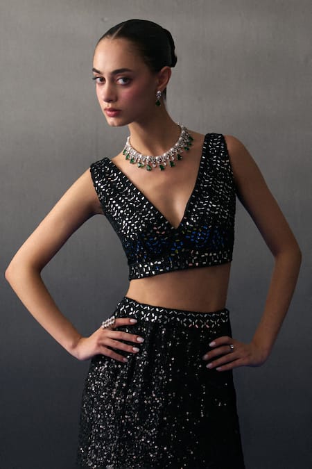 Angad Singh_Black Sequins V-neck Festive Lehenga Set _at_Aza_Fashions