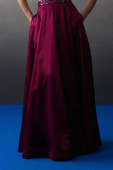 Angad Singh Cream Satin, Silk Sequins, Beads Round Neck Crimson Lehenga Set Online at Aza Fashions Angad Singh_Cream Satin, Silk Sequins, Beads Round Neck Crimson Lehenga Set _Online_at_Aza_Fashions