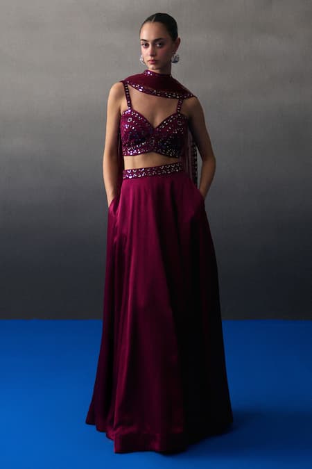 Angad Singh Crimson Satin Silk Lehenga Set 