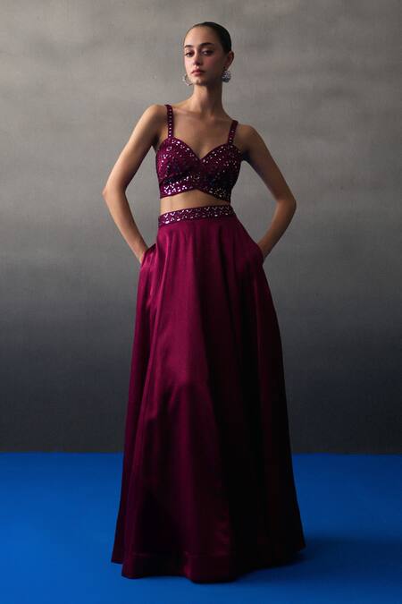 Buy Angad Singh Cream Satin, Silk Sequins, Beads Round Neck Crimson Lehenga Set Online at Aza Fashions Buy_Angad Singh_Cream Satin, Silk Sequins, Beads Round Neck Crimson Lehenga Set _Online_at_Aza_Fashions