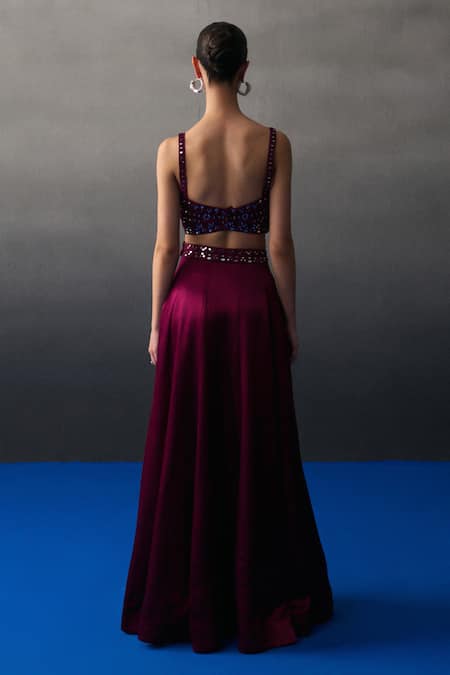 Angad Singh Crimson Satin Silk Lehenga Set 