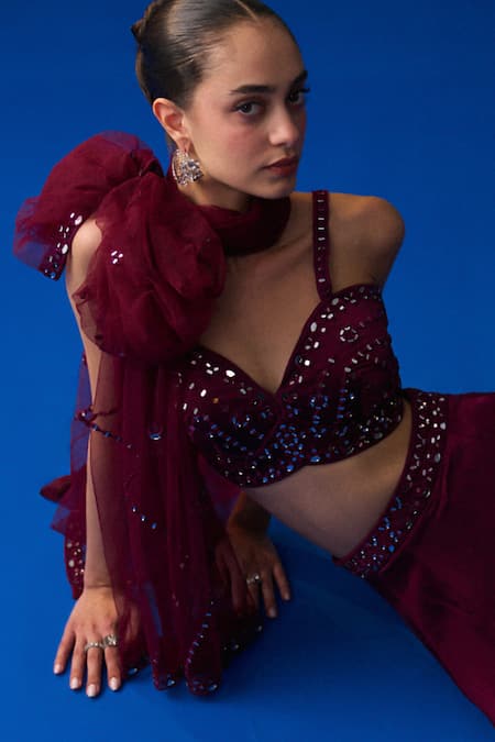 Shop Angad Singh Cream Satin, Silk Sequins, Beads Round Neck Crimson Lehenga Set Online at Aza Fashions Shop_Angad Singh_Cream Satin, Silk Sequins, Beads Round Neck Crimson Lehenga Set _Online_at_Aza_Fashions